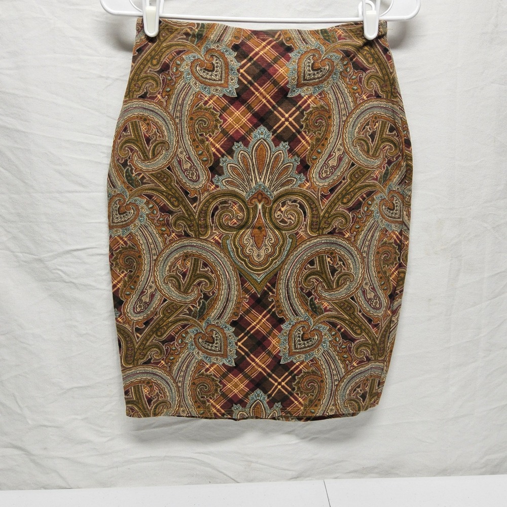 Perpetual Motion Faux Wrap Skirt Womens Large Brown Paisley Plaid Tie Front 90s - Picture 4 of 10
